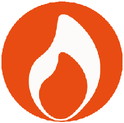 Logo featuring a white flame silhouette inside an orange circle