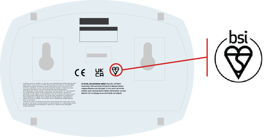 The back of a carbon monoxide alarm that is focussing on the British Standards Institution (BSI) kitemark